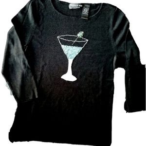 ROBBIE BEE Black-3/4 Sleeve Embellished TOP BEADED/SEQUIN MARTINI GLASS